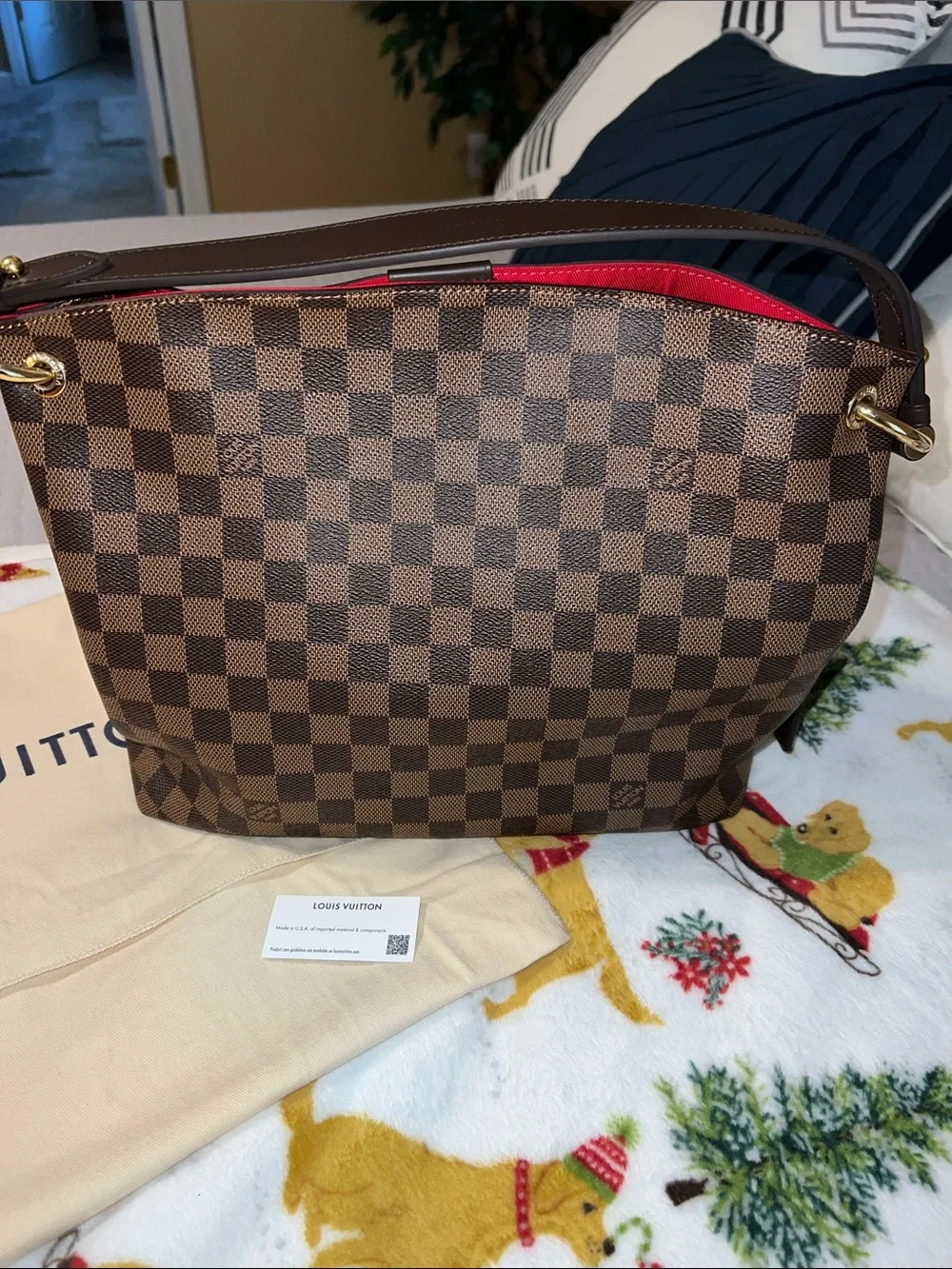 Louis Vuitton Brown Damier Ebene NEW Shoulder Bag with Red Interior Trim PM